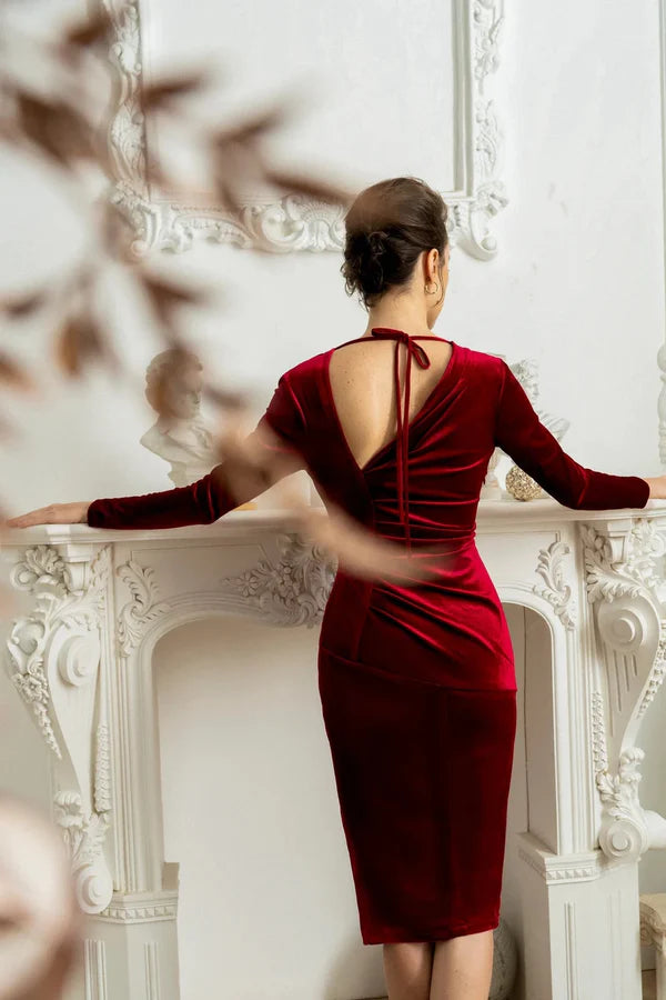 Luolandi Velvet Split Bodycon Long Sleeve Bridesmaid Dress Wedding Guest Dress Winter Christmas Cocktail Dress Elegant